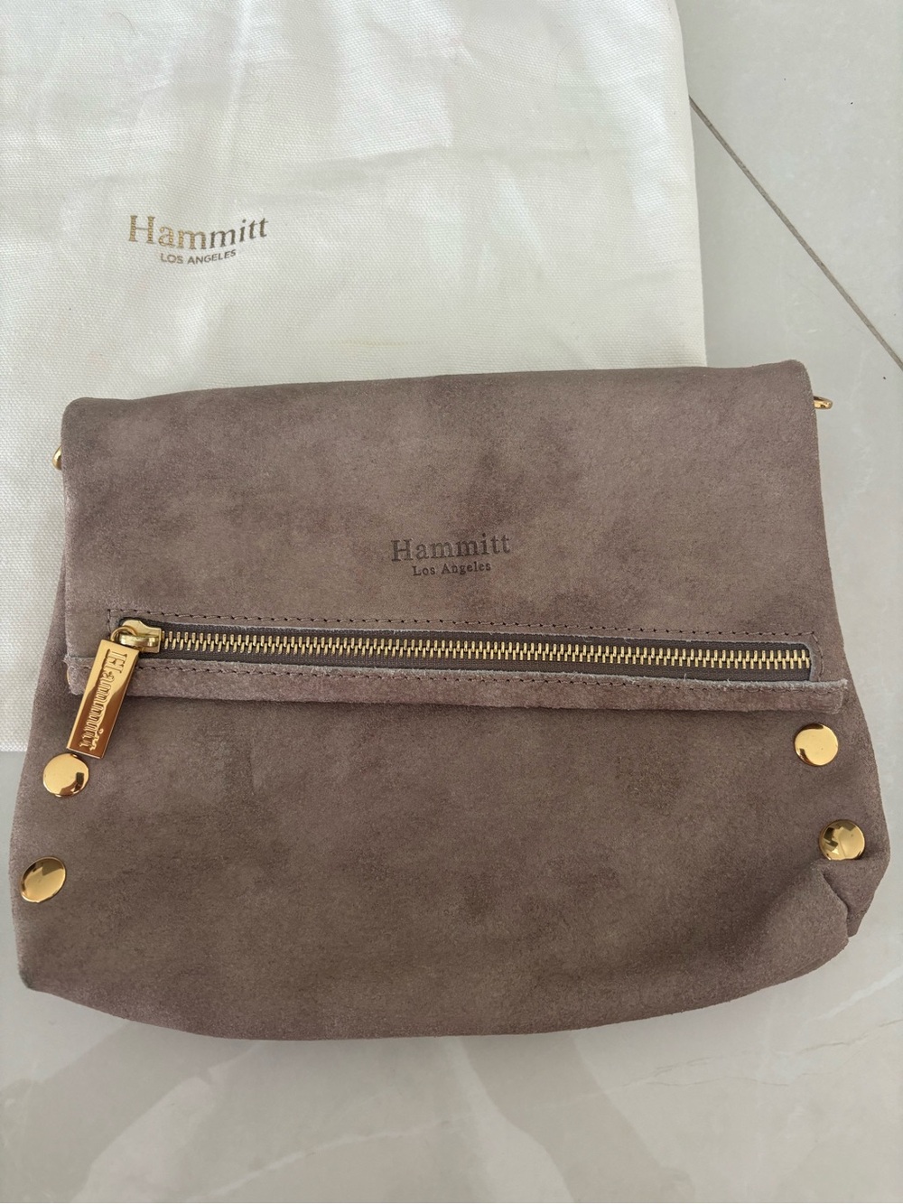 Hammitt Fold-Over Suede Crossbody Bag in Taupe